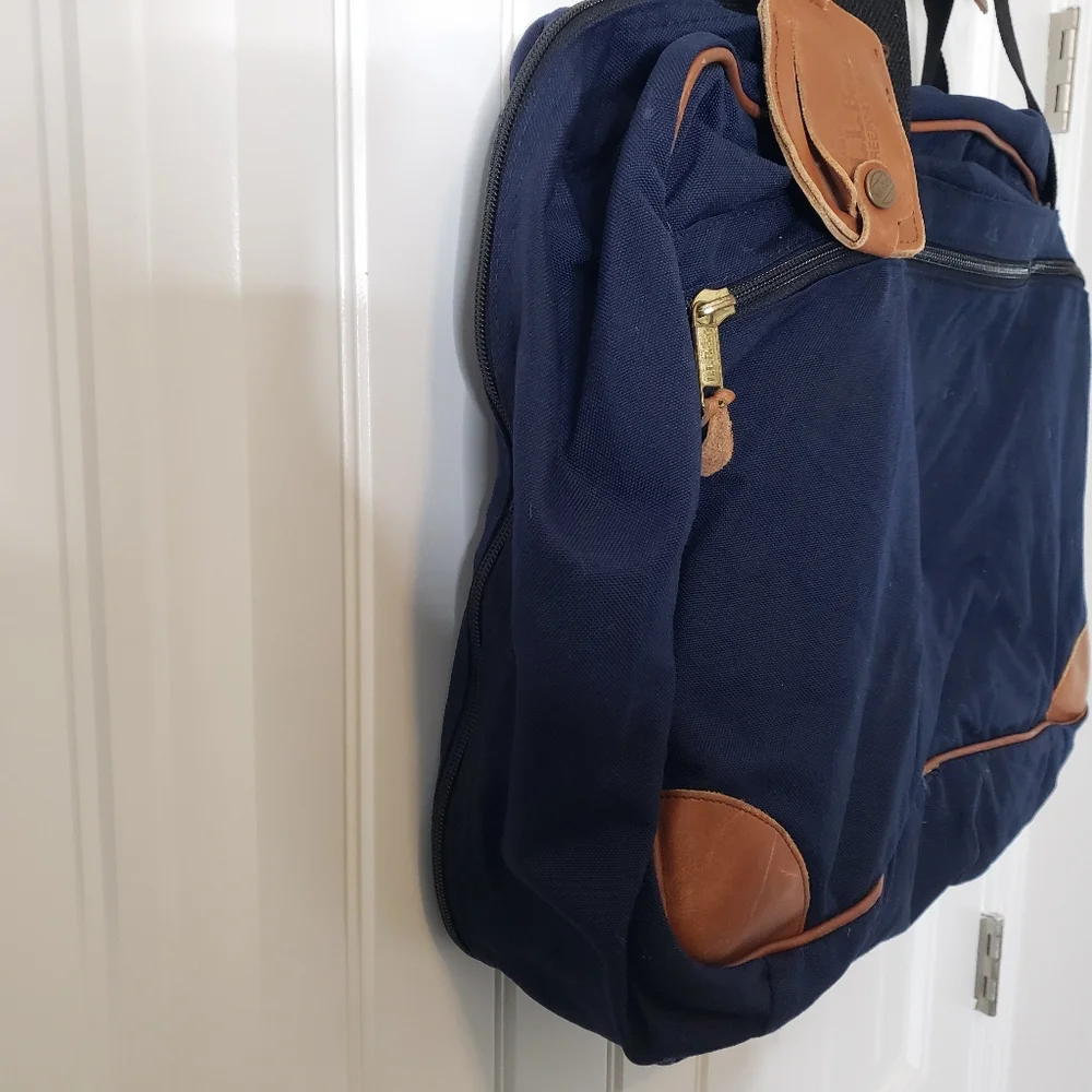 LL Bean Vintage Navy Blue Canvas and Leather Messenger Bag Suitcase No Strap